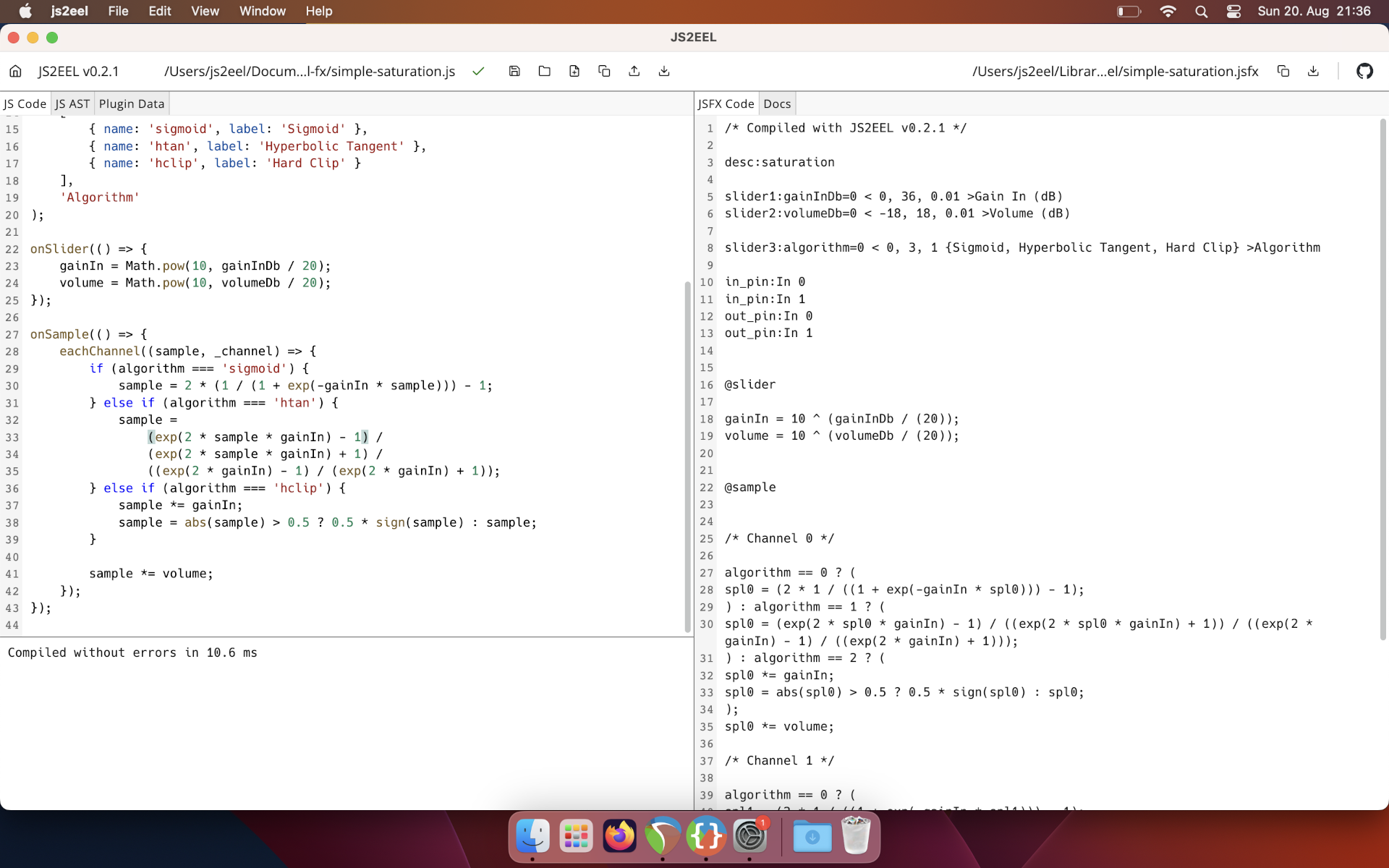 Screenshot of JS2EEL on MacOS